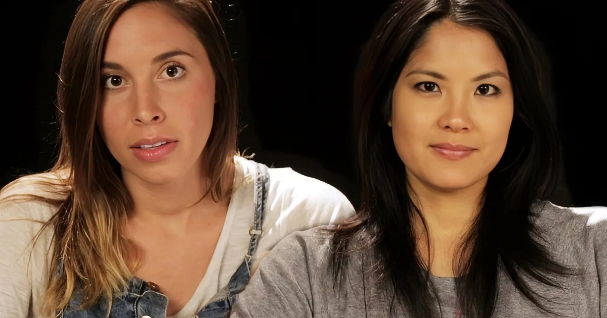Two women with different hairstyles and clothing, both against a dark background.