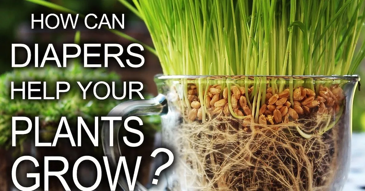 A glass pitcher filled with wheatgrass and roots, with text asking how diapers help plant growth.