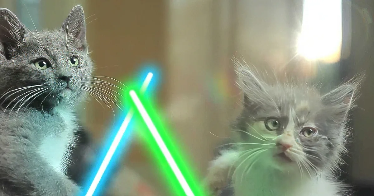A curious gray kitten with green eyes looks at a glowing blue and green object, possibly a toy, in a room.