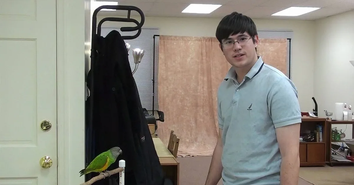 A man in a light blue polo shirt stands in an office, looking at a parrot perched on a branch.