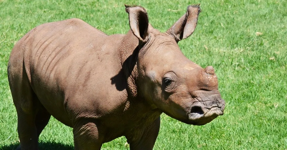 A baby rhino stands on grass, its ears perked up and trunk slightly raised.