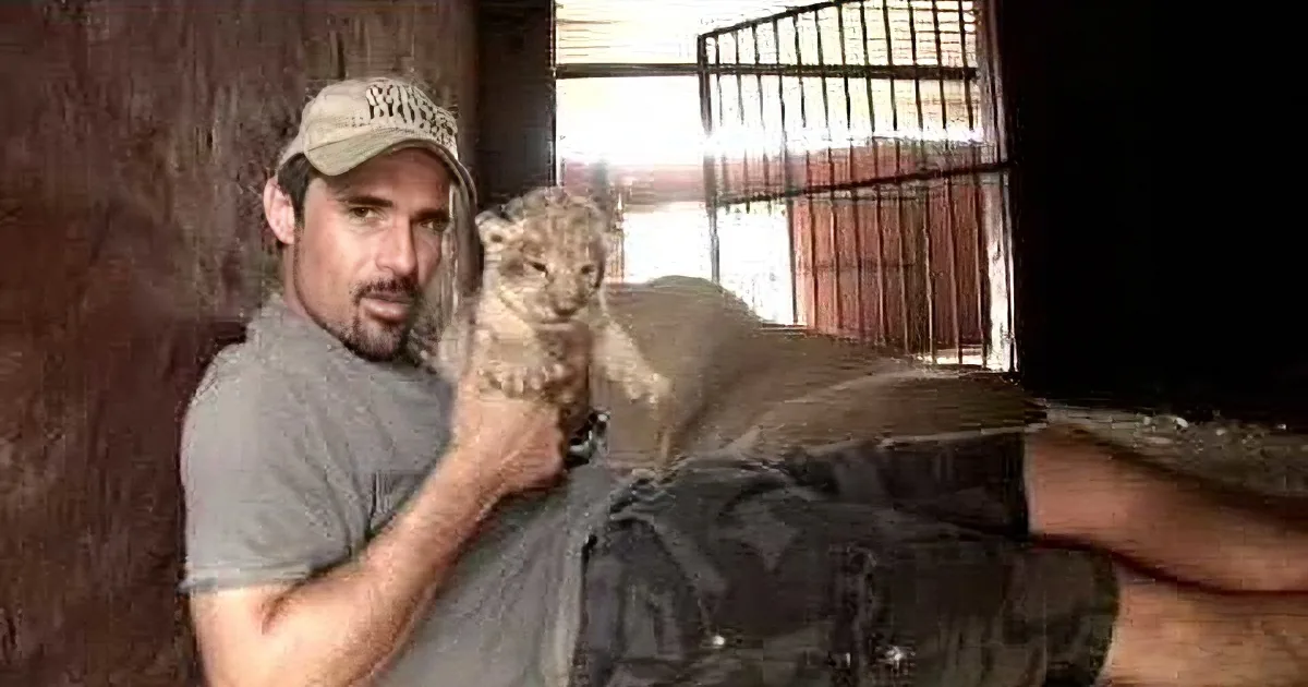 A man holds a baby lion cub in a dimly lit room with a cage in the background.