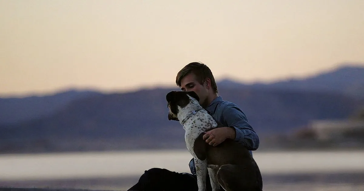 A man hugs a dog by a body of water at dusk, with mountains in the background.