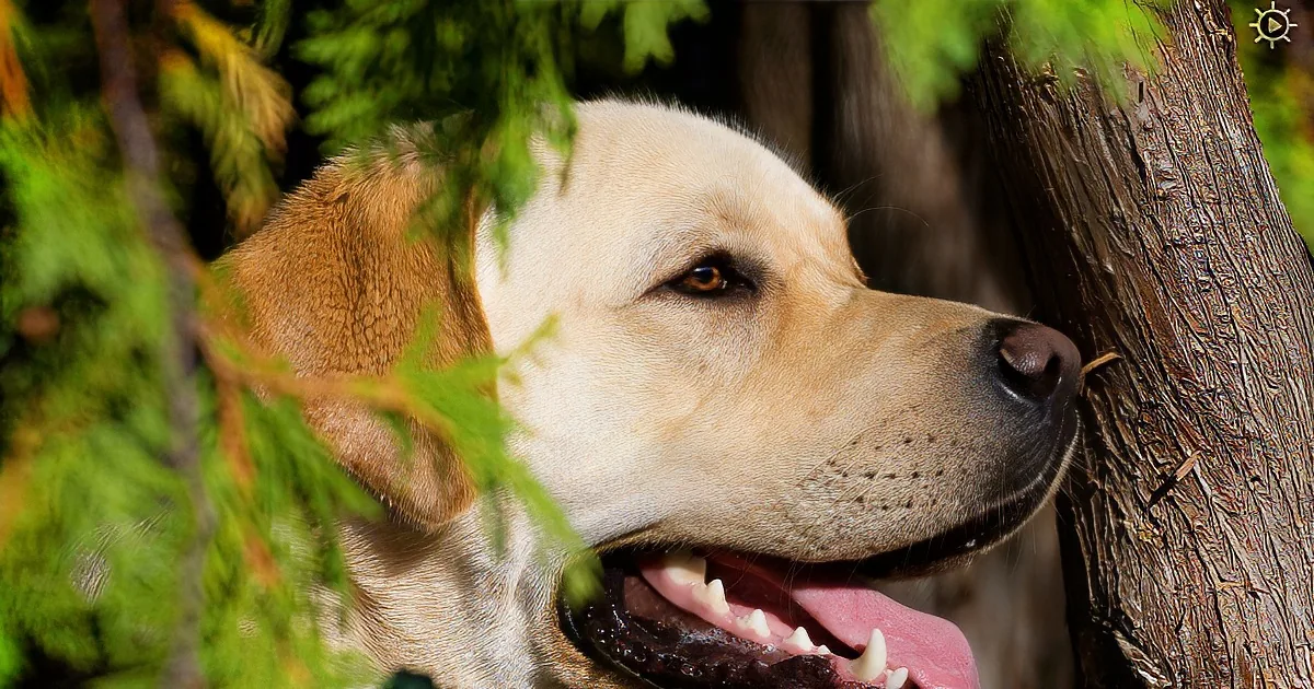 A happy yellow Labrador dog leans against a tree, tongue out, with green foliage in the background.