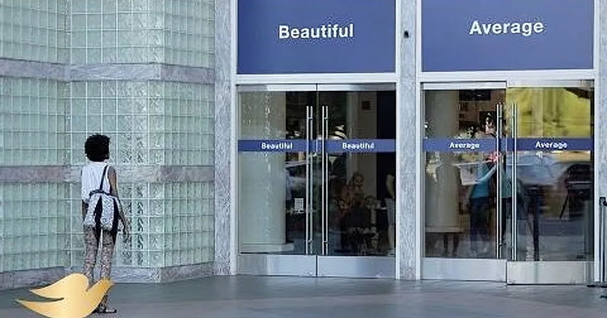 A woman stands outside a building with "Beautiful" and "Average" signs above two doors.