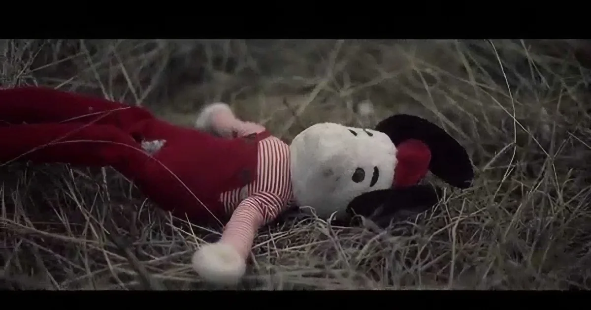 A red and white stuffed animal lies on dry grass, appearing lifeless.