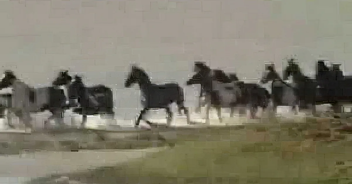 Horses running in a line across a body of water, creating splashes.