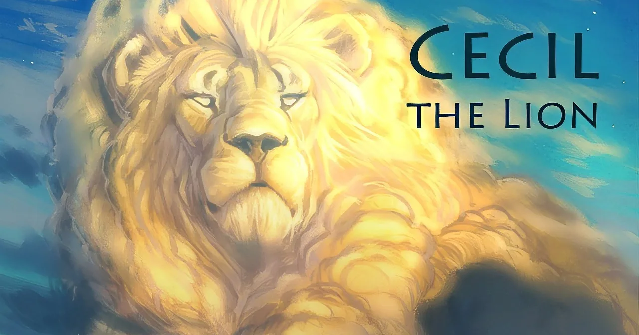 A majestic lion with a golden mane and serene expression is depicted against a blue sky backdrop.