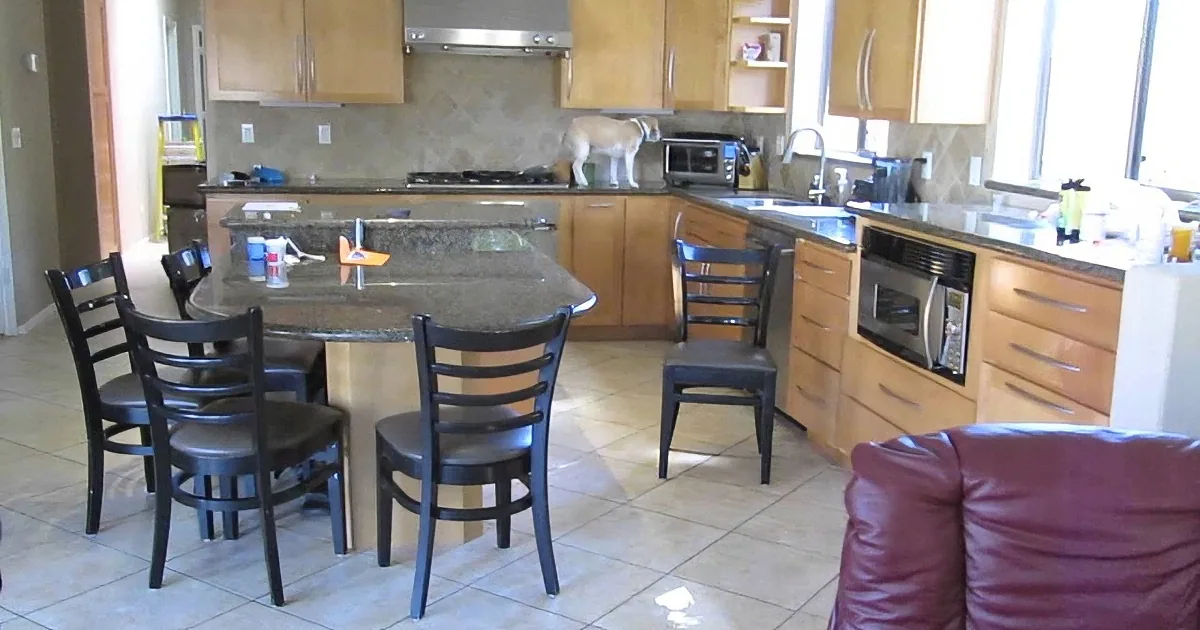 A dog stands on the kitchen counter, surrounded by wooden cabinets, a granite island, and black chairs.