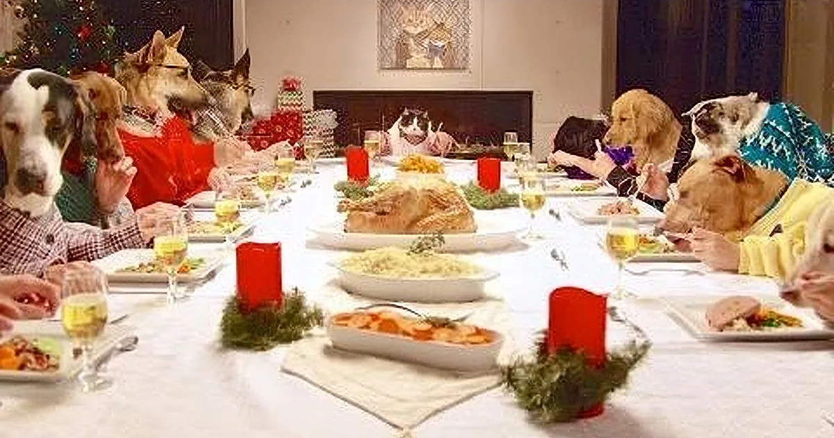 Dogs gather around a festive table filled with food and decorations, seemingly ready to enjoy a holiday feast.