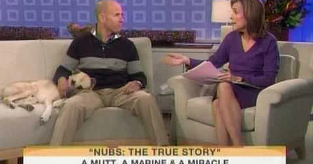 A man sits on a couch with a dog, while a woman in a purple top talks on a TV show.