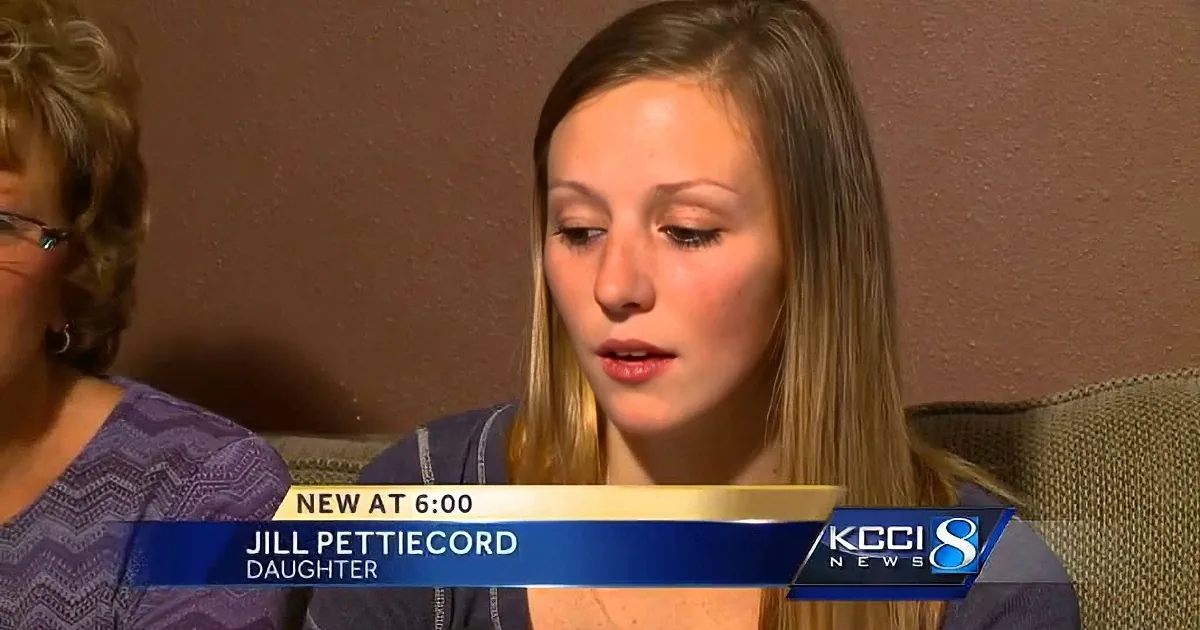 Jill Pettiecord, identified as a daughter, is being interviewed on KCCI 8 News.