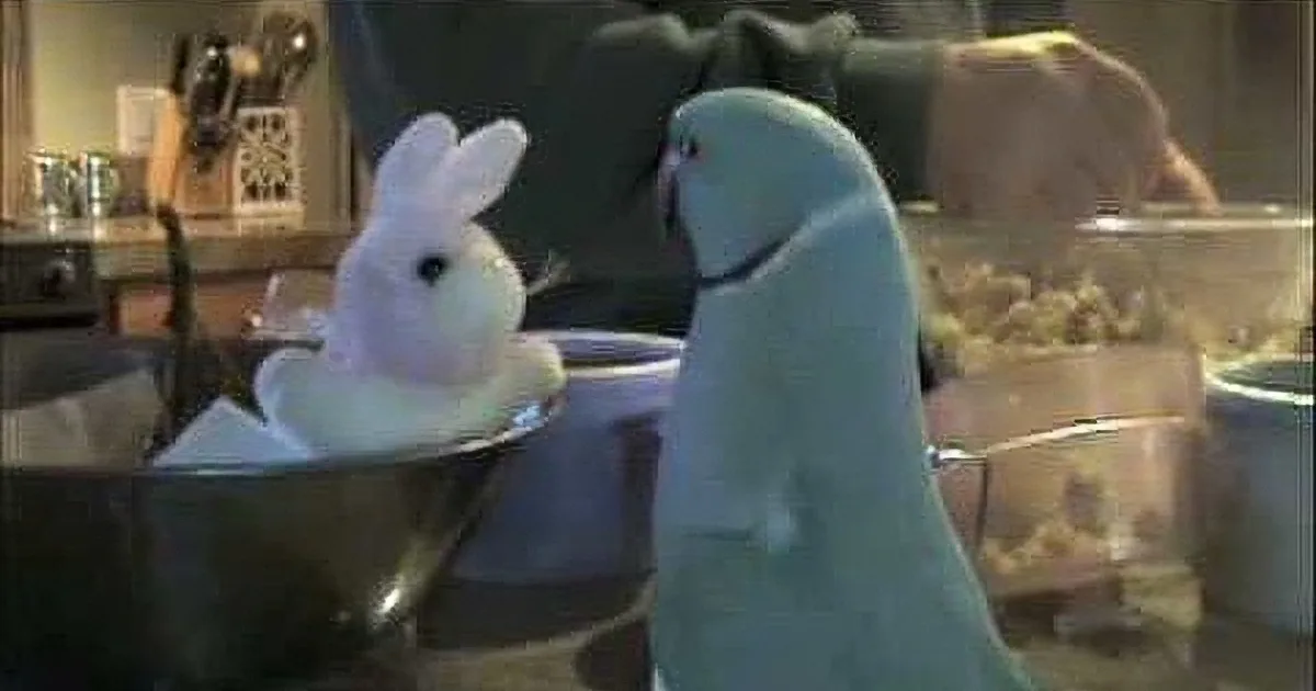 A parrot stands beside a bowl with a white bunny-shaped object inside, in a kitchen setting.