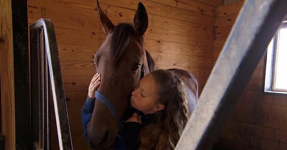A young girl is affectionately petting a horse in a wooden stable.