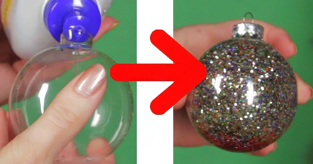 A hand pours glitter into a clear ornament, transforming it into a sparkling decoration.
