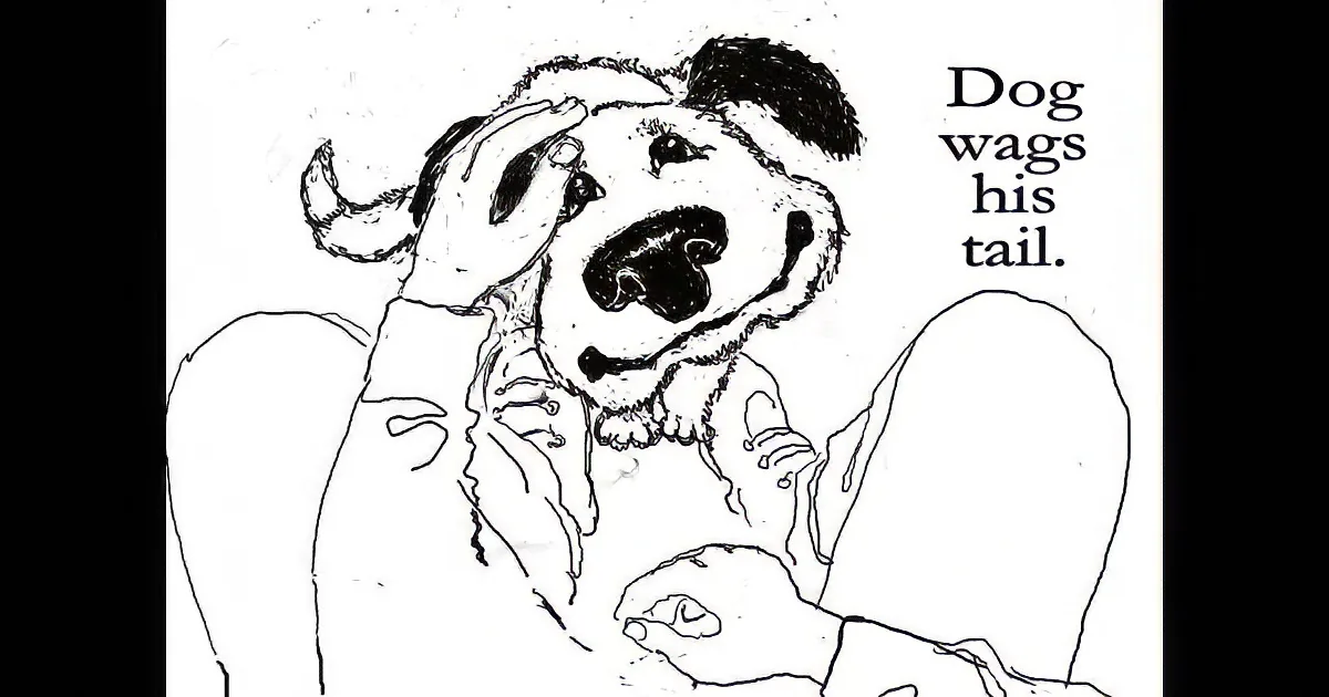 A dog wags its tail while a person pets it, with text reading "Dog wags his tail."