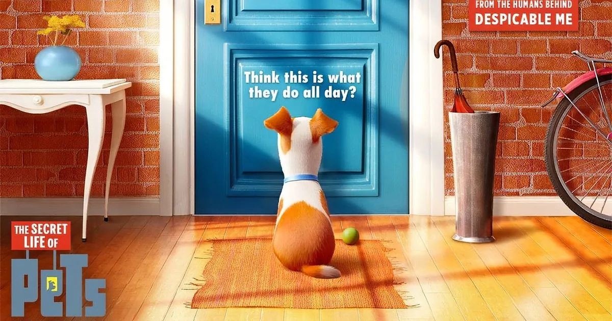 A dog sits on a wooden floor, looking at a blue door with text, surrounded by a cozy home setting.