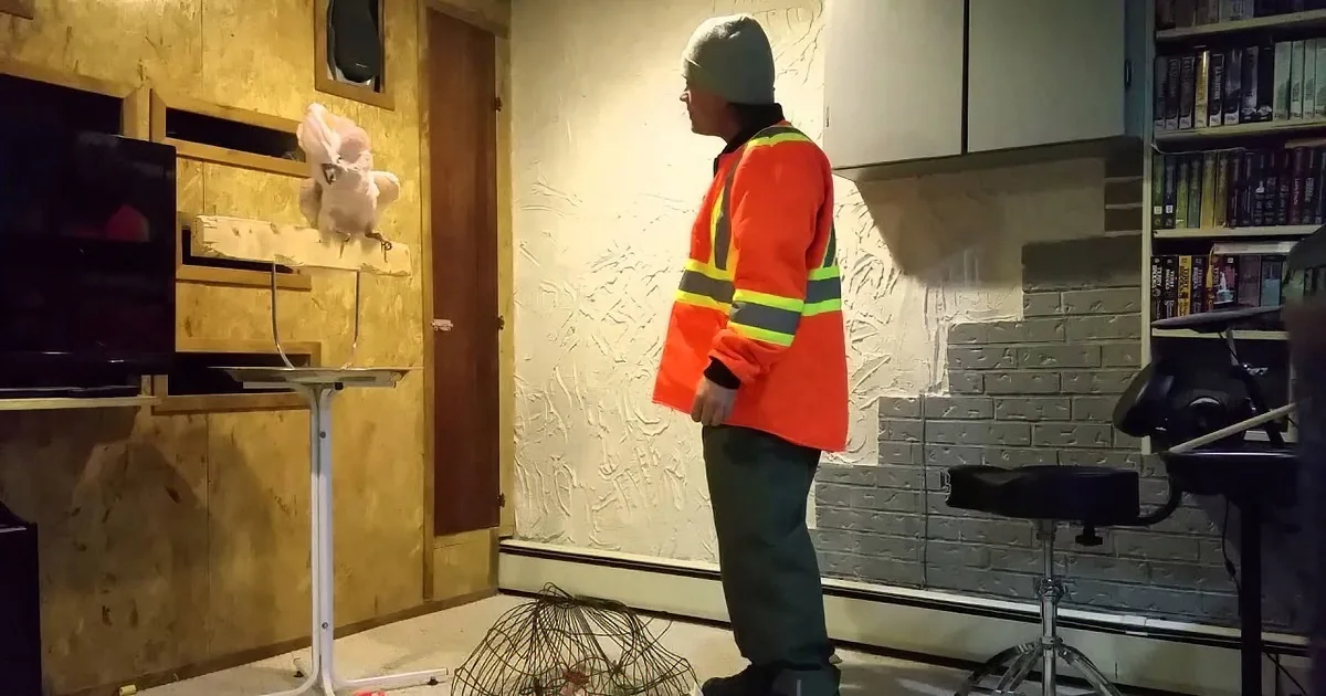 A man in an orange safety jacket stands in a room with exposed walls and a bookshelf, looking to the side.