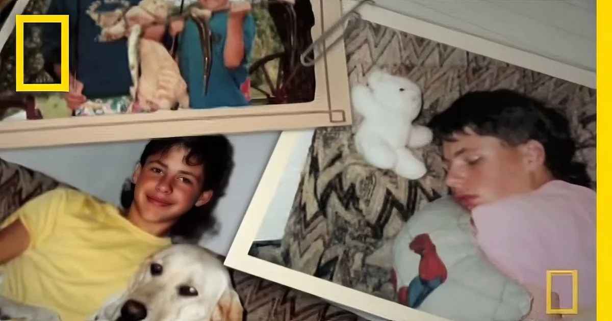 A young boy holds a stuffed animal, surrounded by photos of him with others and a dog.