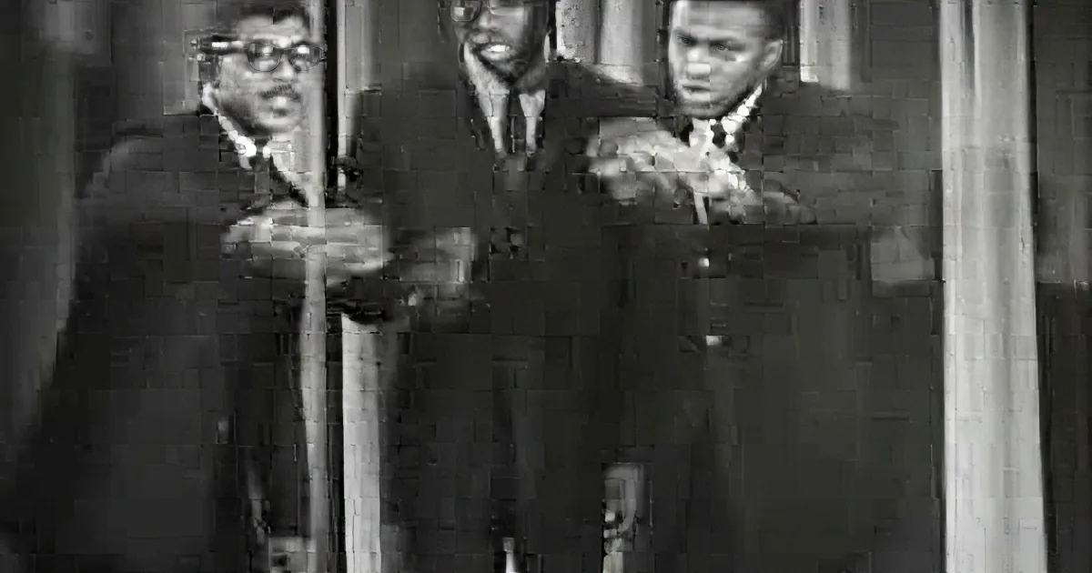Three men in suits, one holding a cane, appear to be singing or performing.