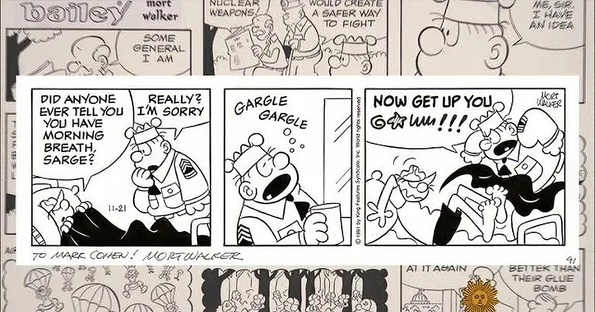 A comic strip featuring a dog character interacting with a military figure, discussing morning breath humorously.