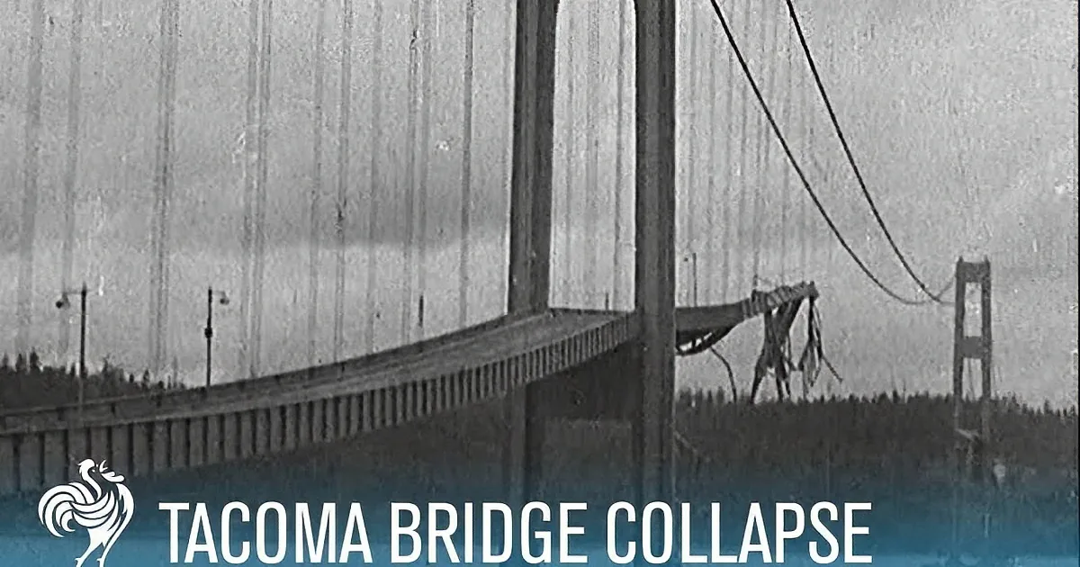 The Tacoma Narrows Bridge during its collapse, with the structure visibly broken and tilted.