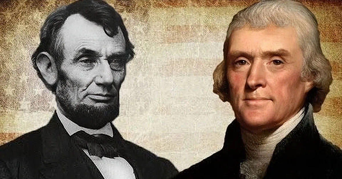 Portraits of Abraham Lincoln and Thomas Jefferson, with a vintage American flag background.