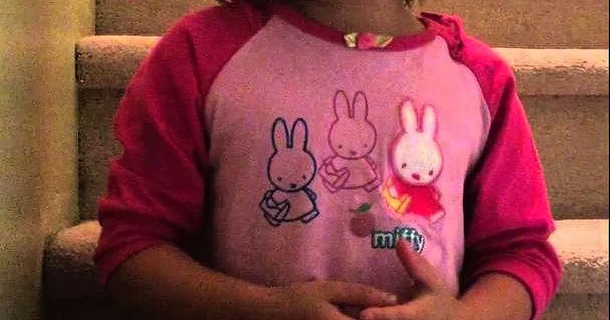 A child wearing a pink and red shirt with three cartoon rabbits and the word "miffy" on it.