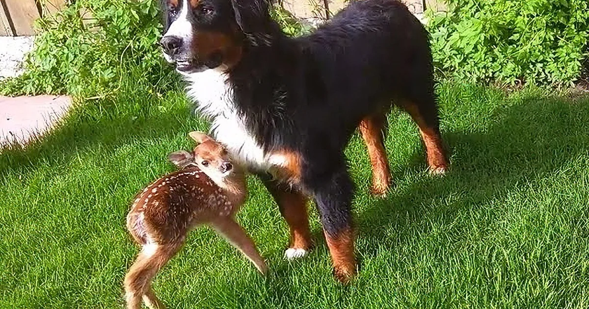 A Bernese Mountain Dog stands protectively over a fawn in a grassy yard.