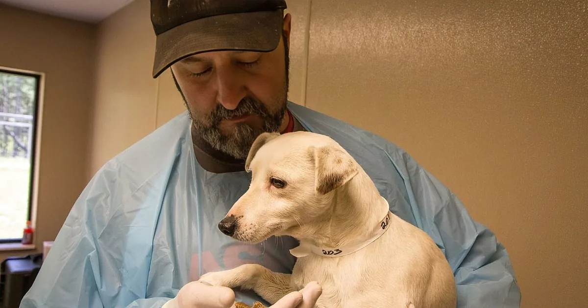 A man in a blue lab coat holds a light-colored dog, both appearing calm and focused.