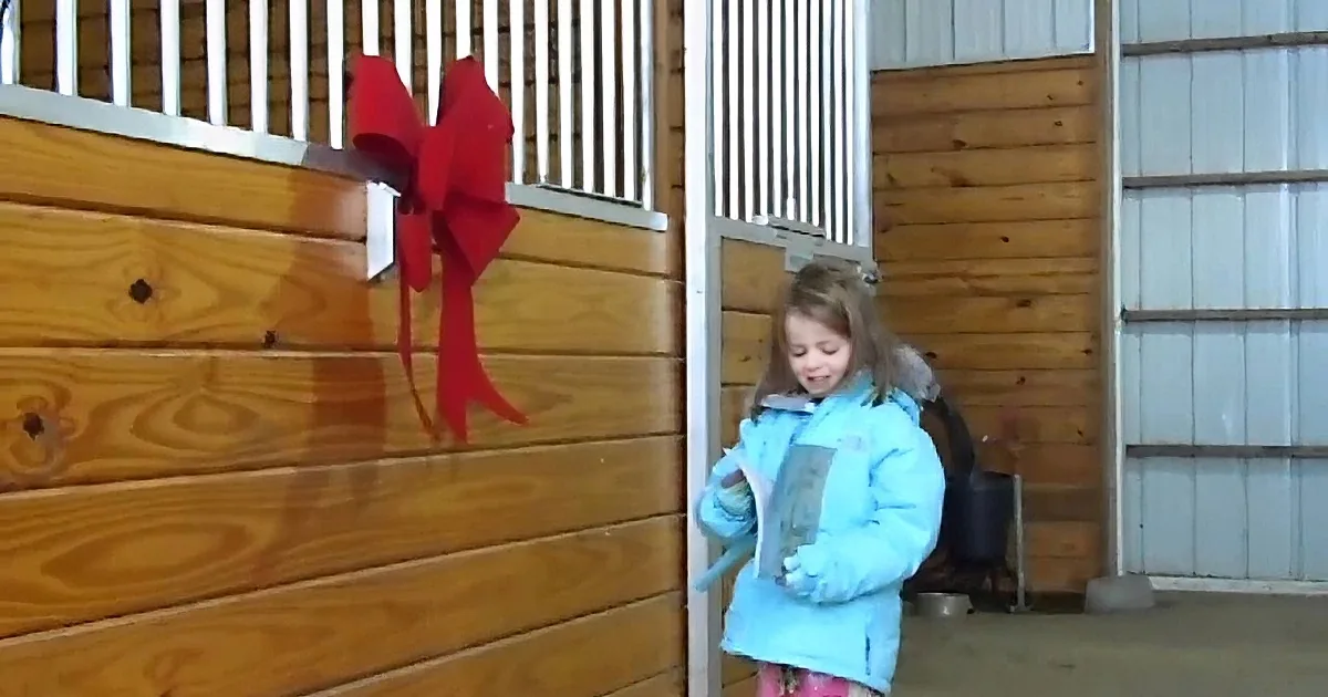 A young girl in a blue jacket stands in a stable, holding a toy, with a red bow on the stall door.