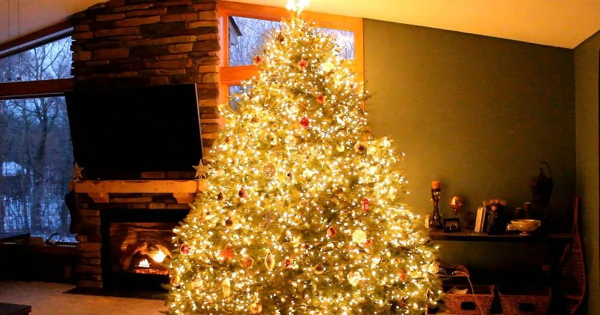 A beautifully lit Christmas tree adorned with ornaments stands in a cozy living room with a stone fireplace and large...