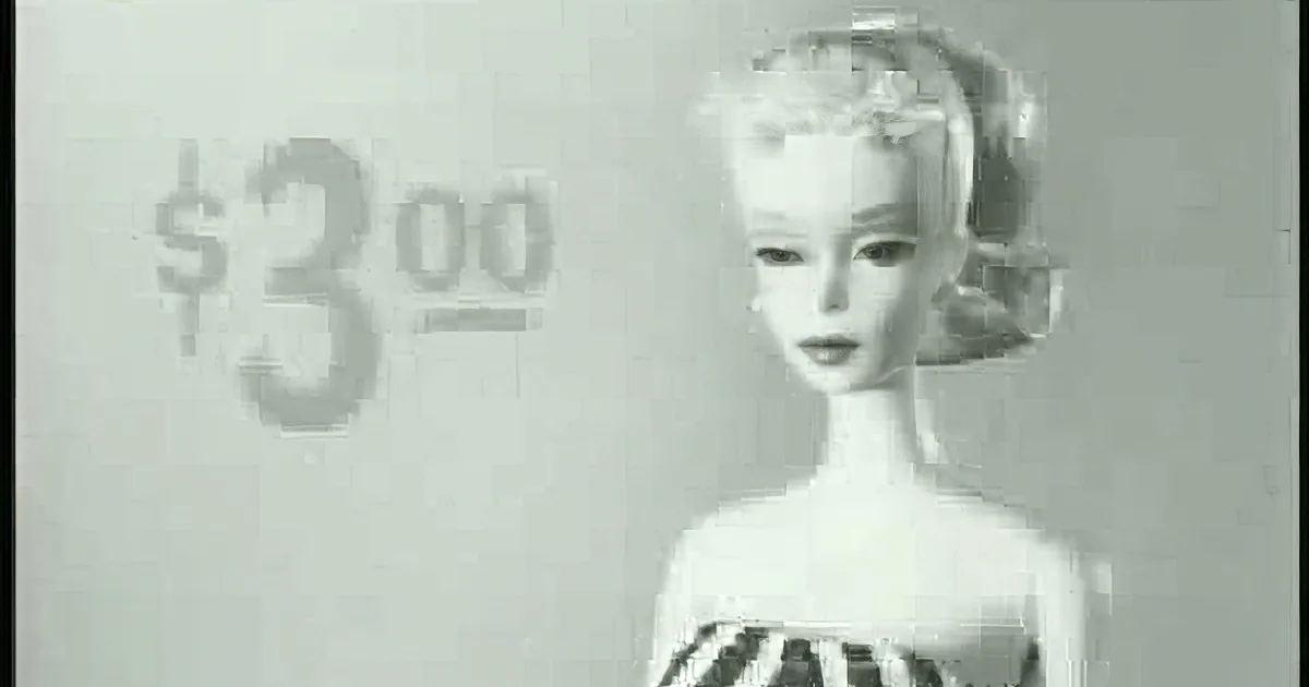 A vintage Barbie doll with blonde hair and a striped dress is displayed next to a price tag of $3.00.