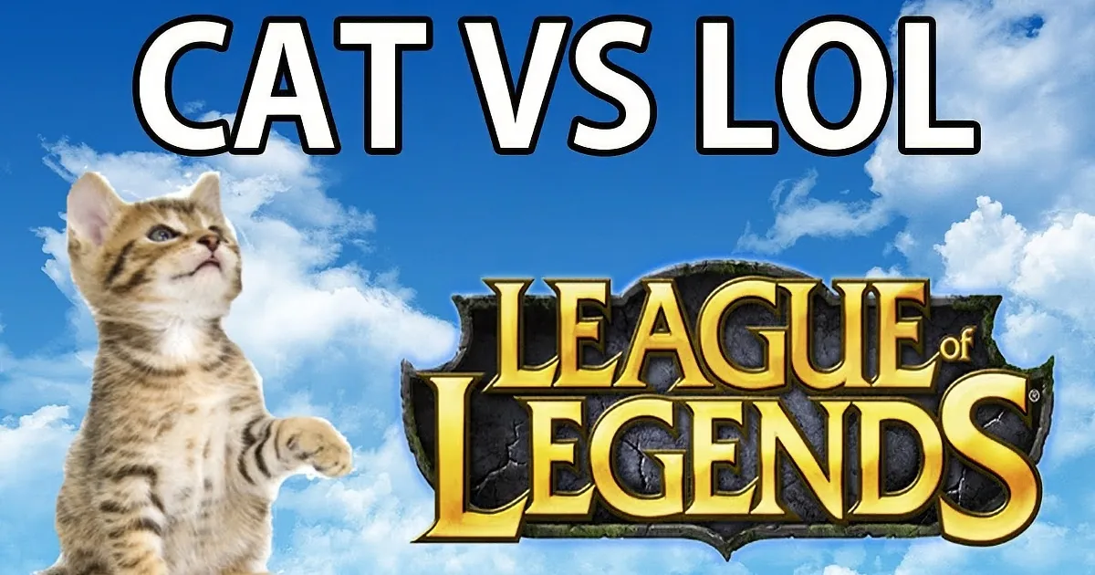 A cat is playfully superimposed over the League of Legends logo against a blue sky backdrop.