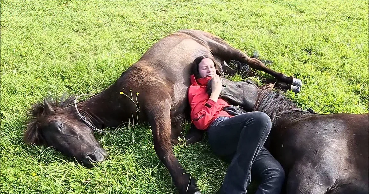 A woman in a red jacket lies on a horse's back in a grassy field.