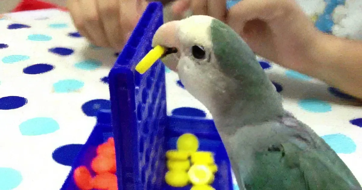 A parrot is interacting with a toy, holding a yellow piece in its beak.