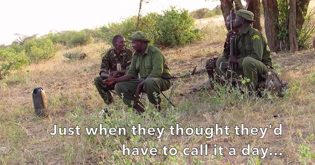 Three men in green uniforms sit on the ground, holding rifles, with a bird nearby and trees in the background.