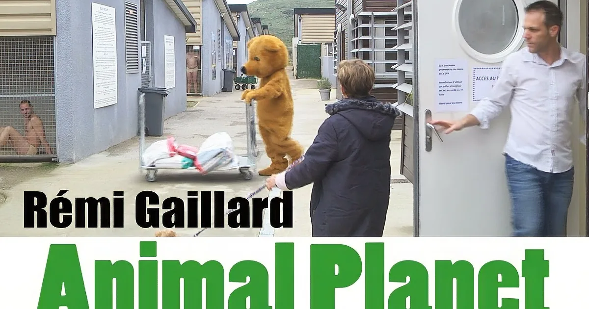 A person in a bear costume pushes a cart with a baby while another person opens a door.
