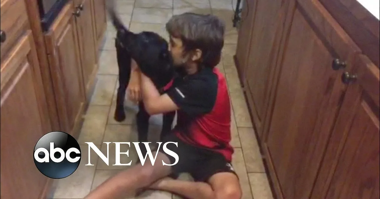 A young boy in a red and black shirt is hugging a black dog in a kitchen.