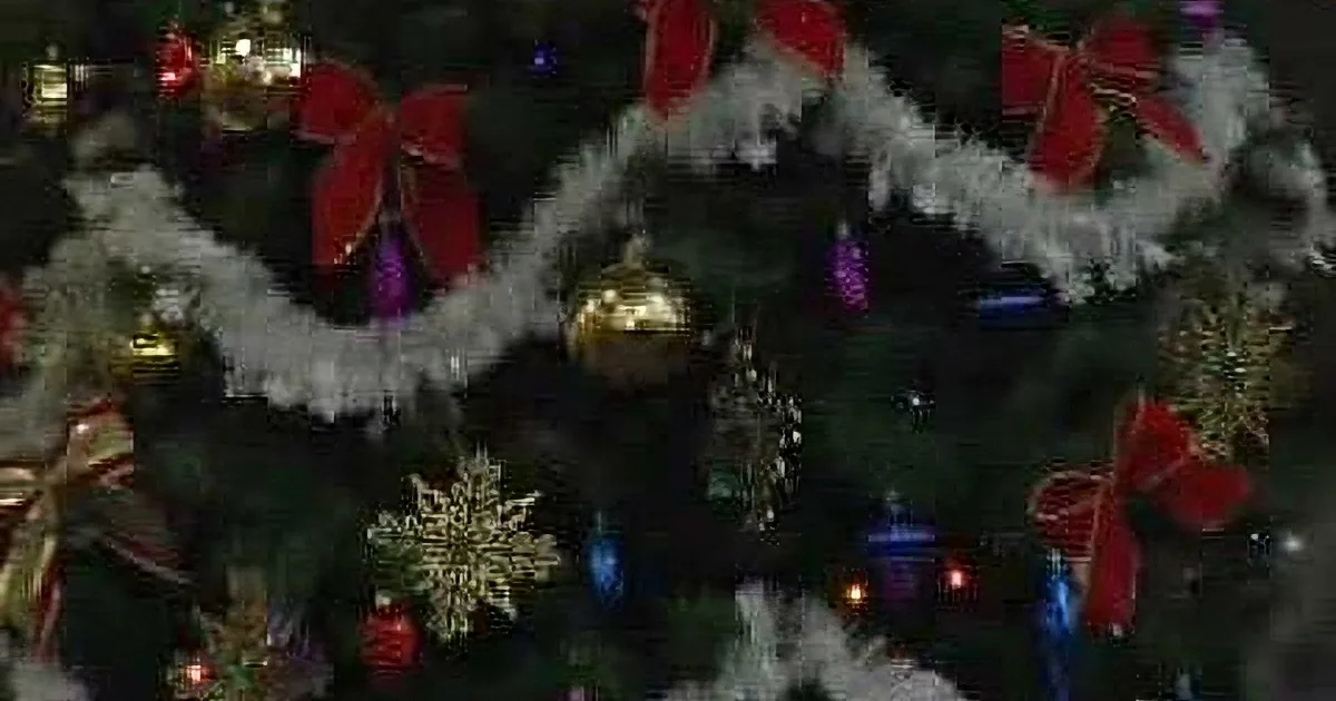 A Christmas tree adorned with white garland, red bows, gold ornaments, and colorful lights is decorated for the holiday...