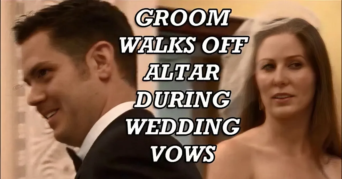 A bride and groom at a wedding, with text overlay stating "GROOM WALKS OFF ALTAR DURING WEDDING VOWS."