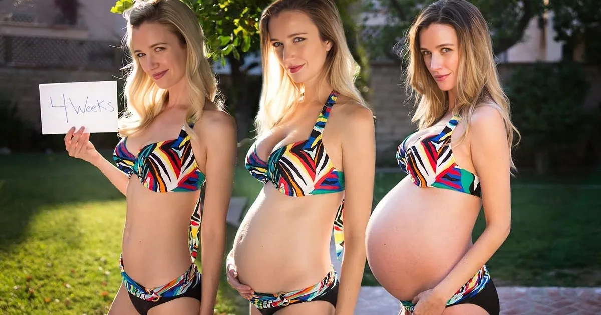 A woman in a colorful bikini shows her pregnancy progression from 4 weeks to full term.
