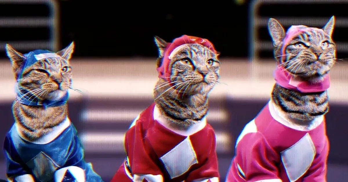 Three cats in superhero costumes with colorful capes and masks, standing side by side.