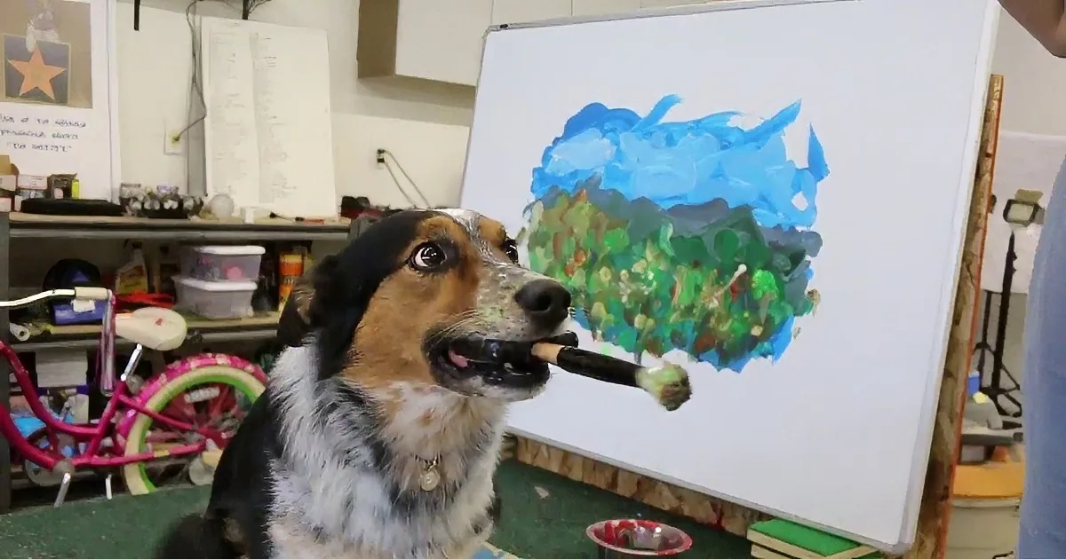 Dog Sits in Front of Painting Canvas With Daddy. His Skill Level Just Blew Me Away.
