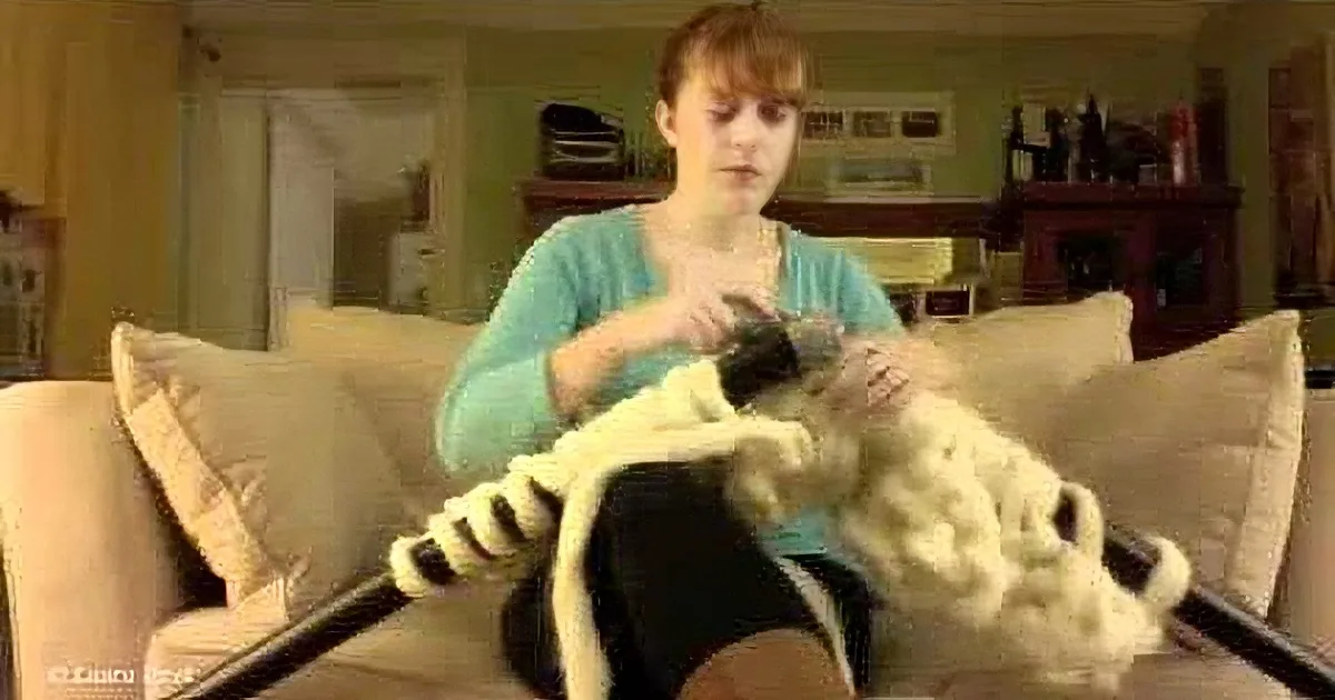 A woman is sitting on a couch, holding and petting a white dog with black spots.