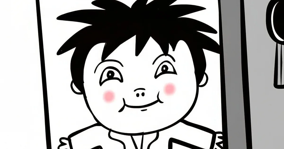 A cartoon boy with spiky hair and rosy cheeks smiles in a comic-style panel.