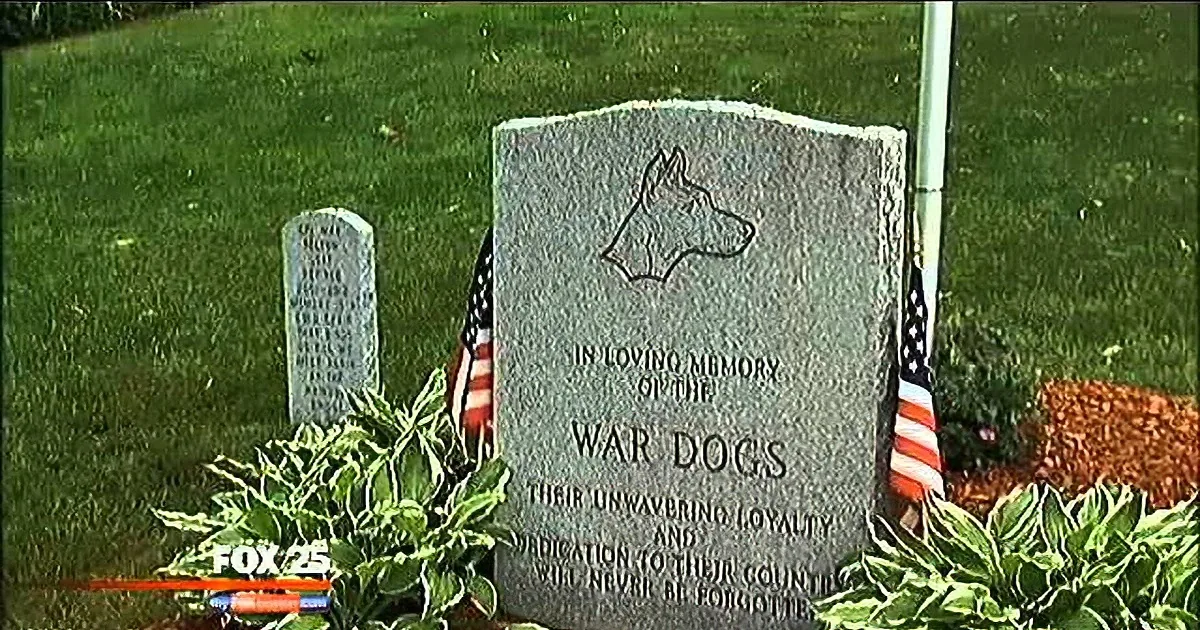 A gravestone commemorates "War Dogs" with a dog silhouette, adorned with flags and flowers.