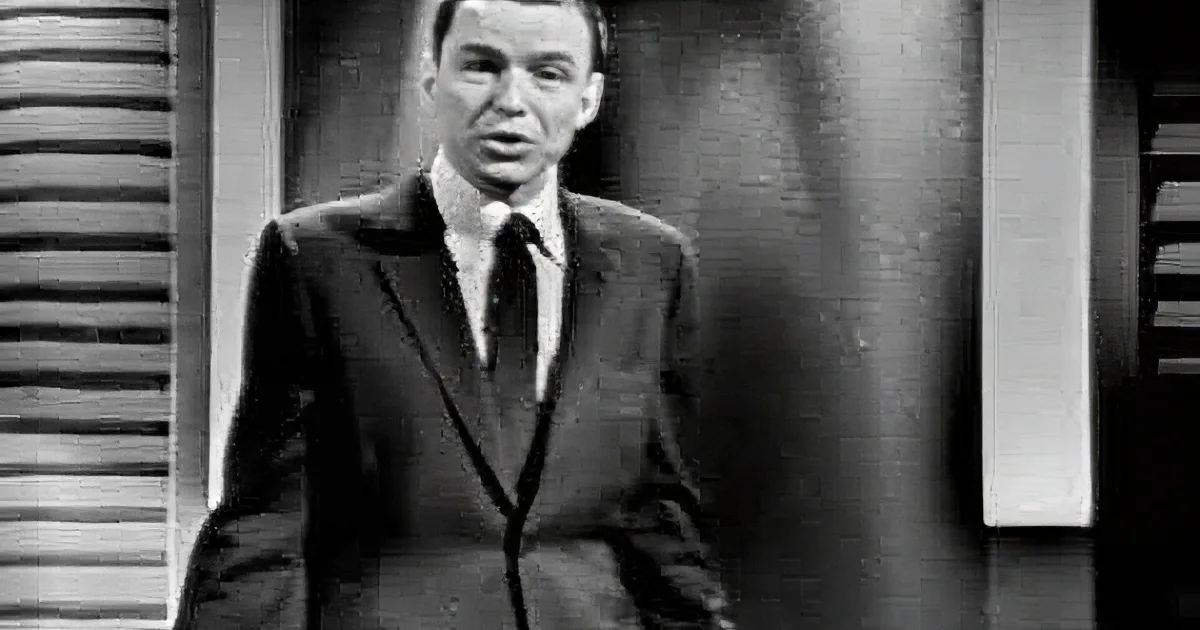 Frank Sinatra in a suit and tie, standing against a striped background, with a watermark "SINATRA.COM" at the bottom.