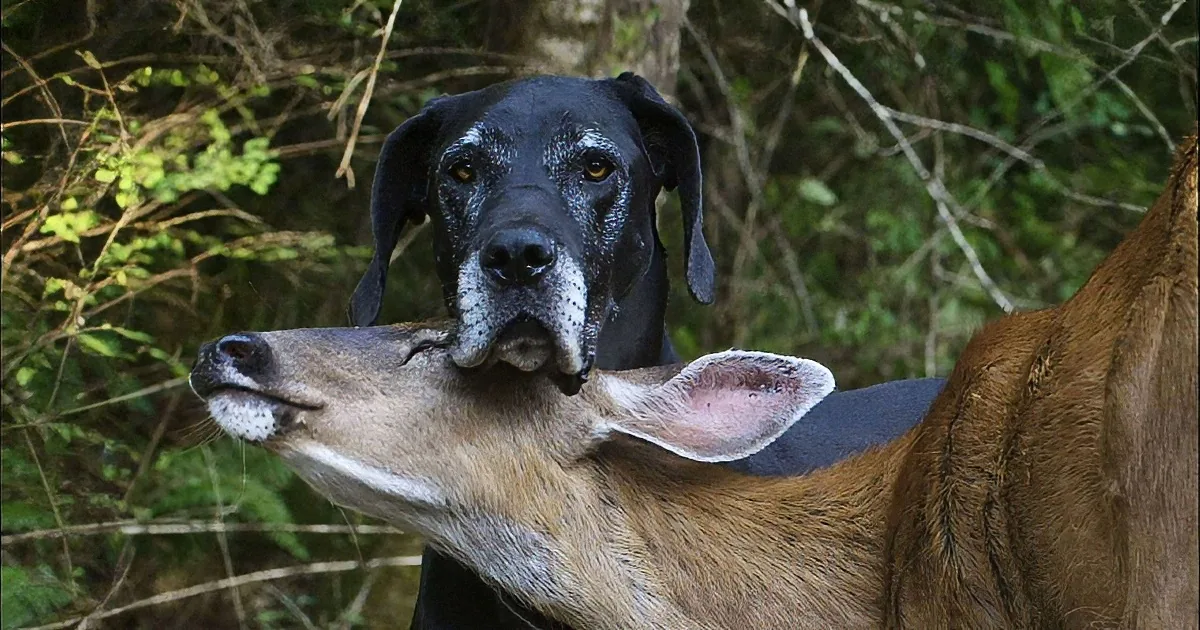 A Great Dane and a deer are superimposed, with the dog's head and the deer's body visible.