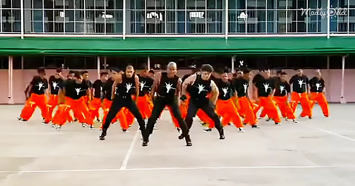 A group of dancers in black and orange outfits perform synchronized moves on a court.
